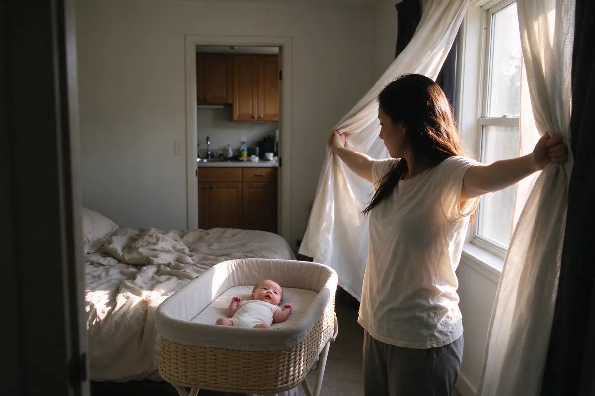 In the morning the mother in a loose T-shirt throws the bedroom curtains wide, sunlight pouring over the bare bassinet where her three-week-old lies awake on their back, the door open to the kitchen.