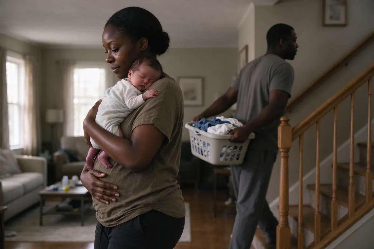 The Black mother crosses the living room slowly in morning light, a hand on her lower belly, the three-week-old on her shoulder, her partner carrying the laundry basket up the stairs behind her.