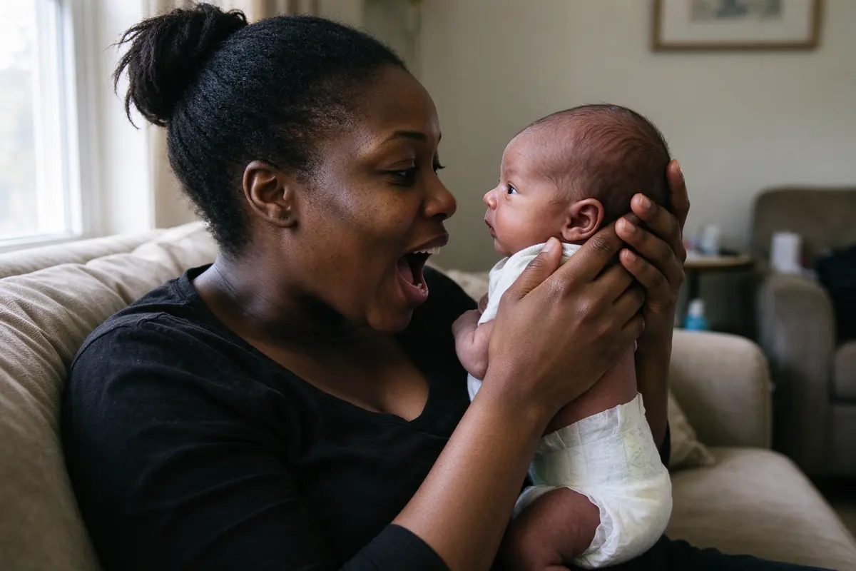 On the sofa in morning window light the Black mother holds her three-week-old upright about ten inches from her face and opens her mouth wide and slowly, the baby staring at her mouth.