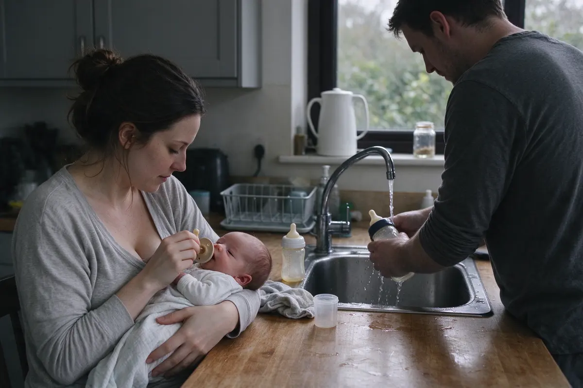 At the kitchen table in overcast light the mother, hair in a loose bun, offers a one-piece pacifier to the awake newborn in her arms after a feed, while the father rinses the bottle at the sink.