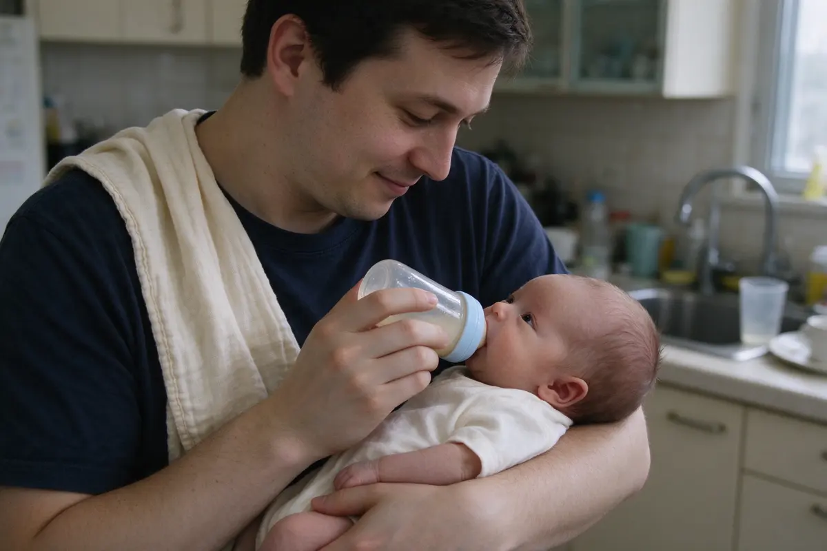 In the kitchen in flat overcast light the father cradles his twenty-two-day-old and tips the bottle, talking quietly, the baby's eyes on his face, a burp cloth over his shoulder.