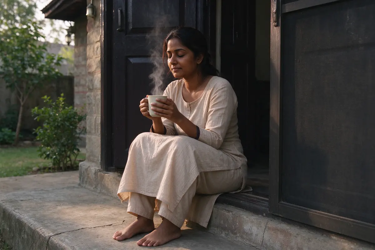The South Asian mother sits alone on the back step in afternoon light, a steaming mug held in both hands and her eyes closed, the door shut behind her.