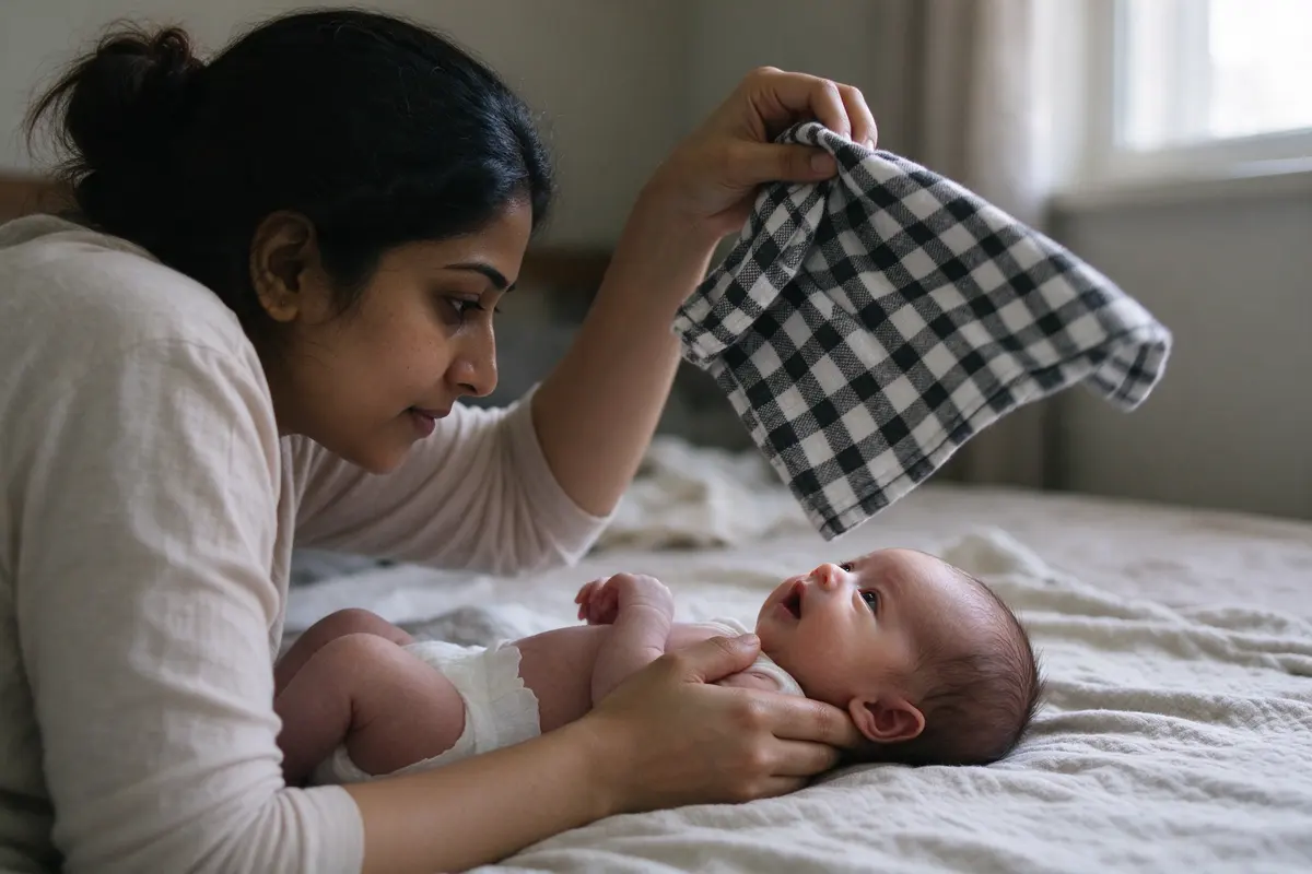 On the floor blanket in afternoon light the South Asian mother holds a checkered dish towel ten inches above her twenty-three-day-old, moving it slowly to one side, the baby on their back staring.