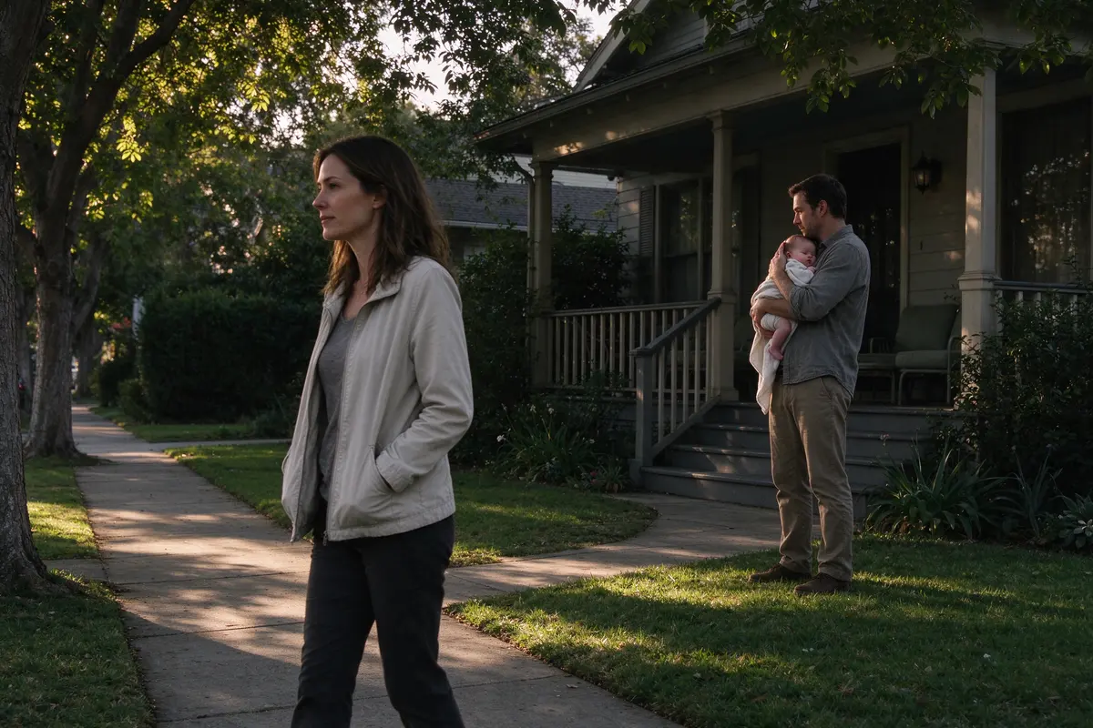 The mother in the light jacket walks alone down the tree-lined sidewalk in late-afternoon light, hands in her pockets, no stroller, her partner on the porch behind her, the newborn on his shoulder.