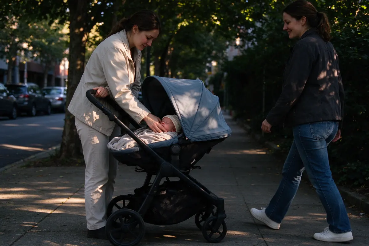 On the tree-lined sidewalk in late-afternoon light the mother in a light jacket stops the stroller and slips two fingers behind her twenty-four-day-old's neck, sunshade up, her friend a step ahead.
