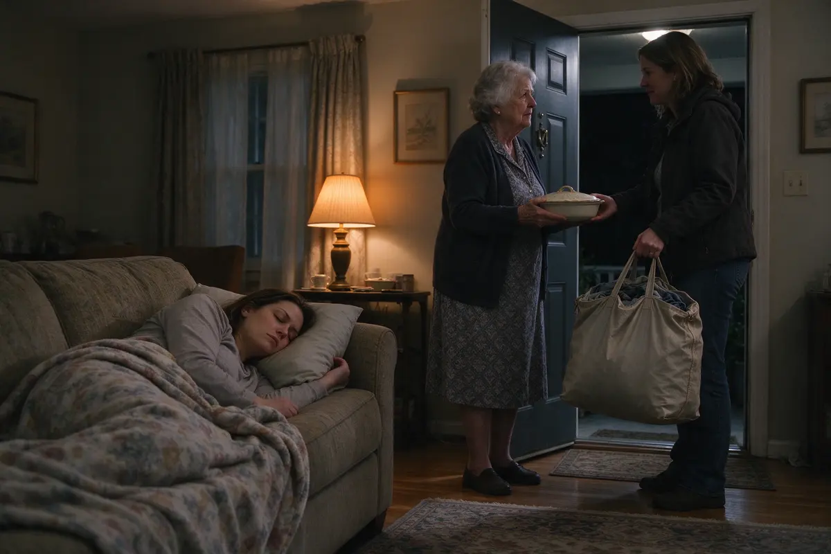 The mother asleep on the couch under a throw in the lamp-lit living room, while at the front door a friend hands the grandmother a covered dish and takes a full laundry bag in return.