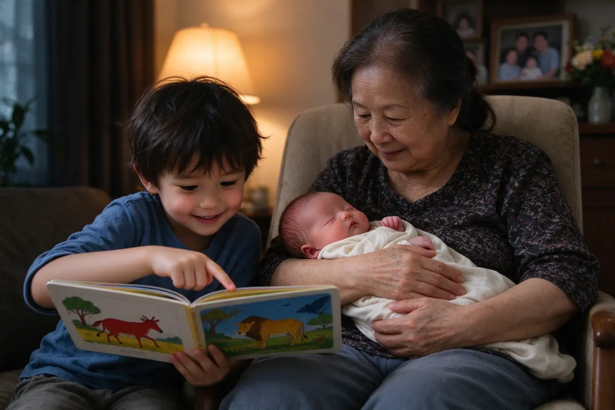 In the lamp-lit living room the preschool-age sibling holds a picture book open before the twenty-five-day-old in the grandmother's lap, pointing at a page, the grandmother steadying the baby's head.