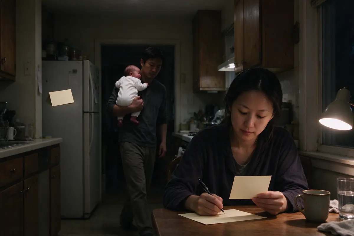The East Asian mother writes on an index card at the kitchen table in lamplight, another card already propped on the fridge, the father pacing the dim hallway behind her, the newborn on his shoulder.
