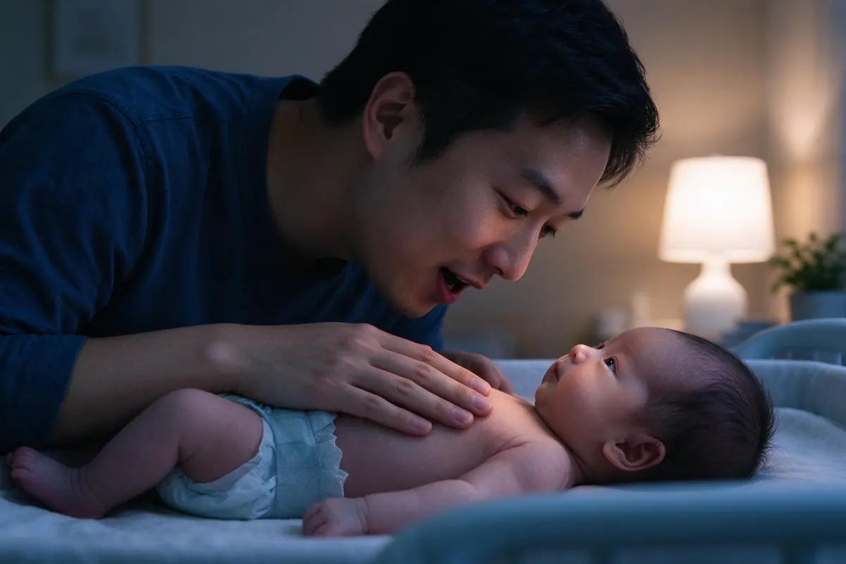 At dusk in a dim nursery the East Asian father sings softly to his twenty-six-day-old during a diaper change, one hand on the baby's chest, the baby on their back looking up at his moving mouth.