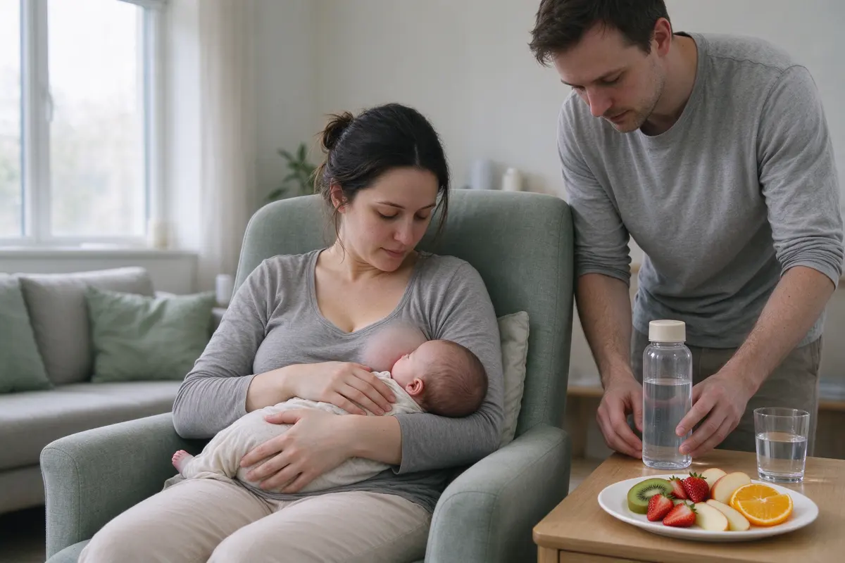 The mother settles into the armchair to feed the newborn in bright daylight, a plate of sliced fruit on the side table, as her partner sets a freshly filled water bottle down beside it.