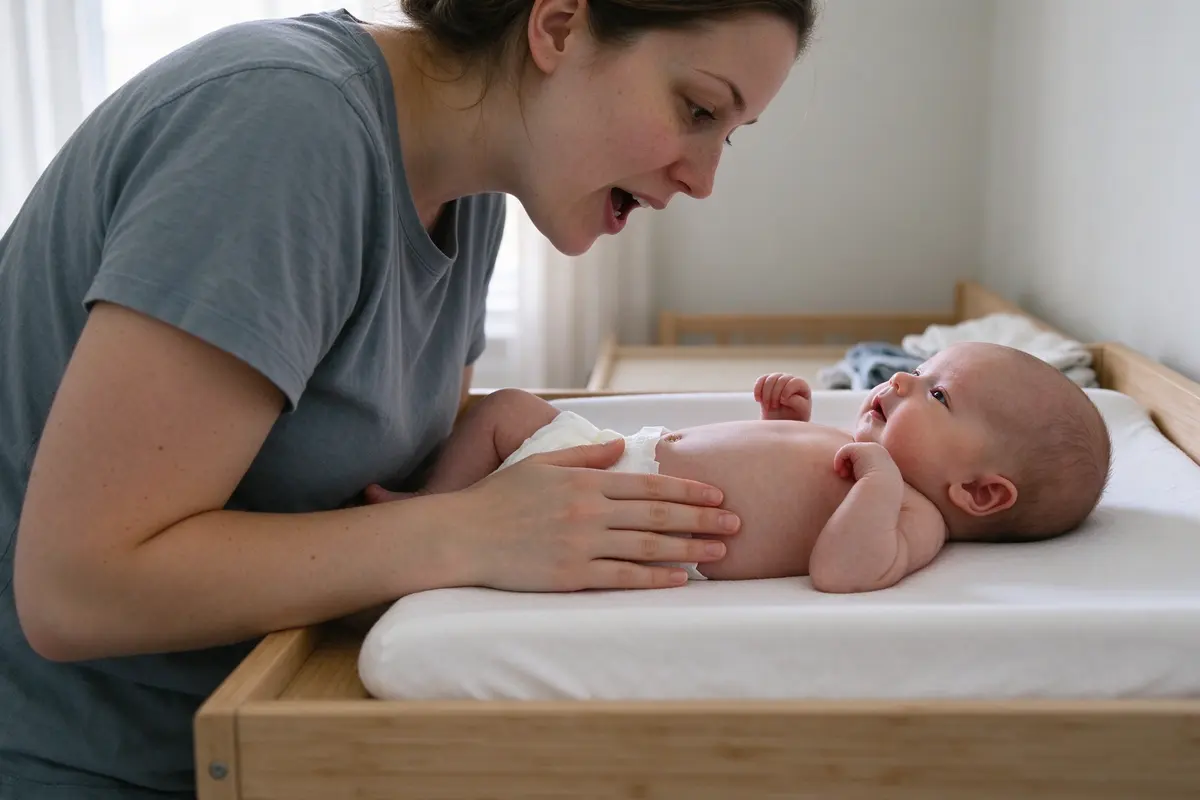 At the changing table in bright nursery daylight the mother rests a flat hand on her twenty-seven-day-old's bare belly mid-change, mouth open mid-word, the baby on their back looking up at her face.