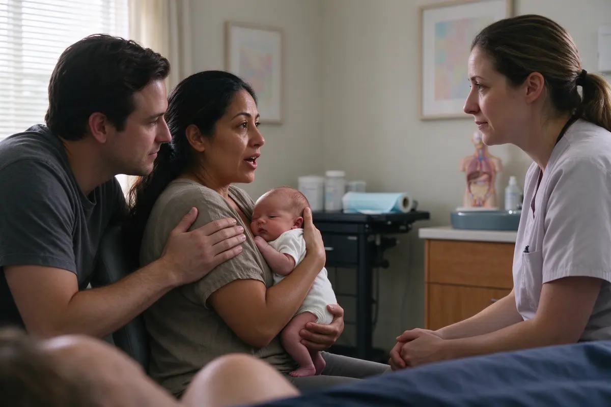 In the exam room in soft window light the Latina mother sits holding her four-week-old upright on her chest and answers the pediatrician across from her, her partner beside her, a hand on her back.