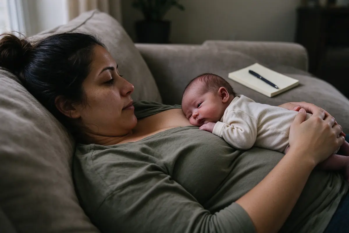The Latina mother reclines on the sofa at home in soft daylight, wide awake, her four-week-old tummy-down on her chest turning their head to one side, a notepad and pen on the cushion beside her.
