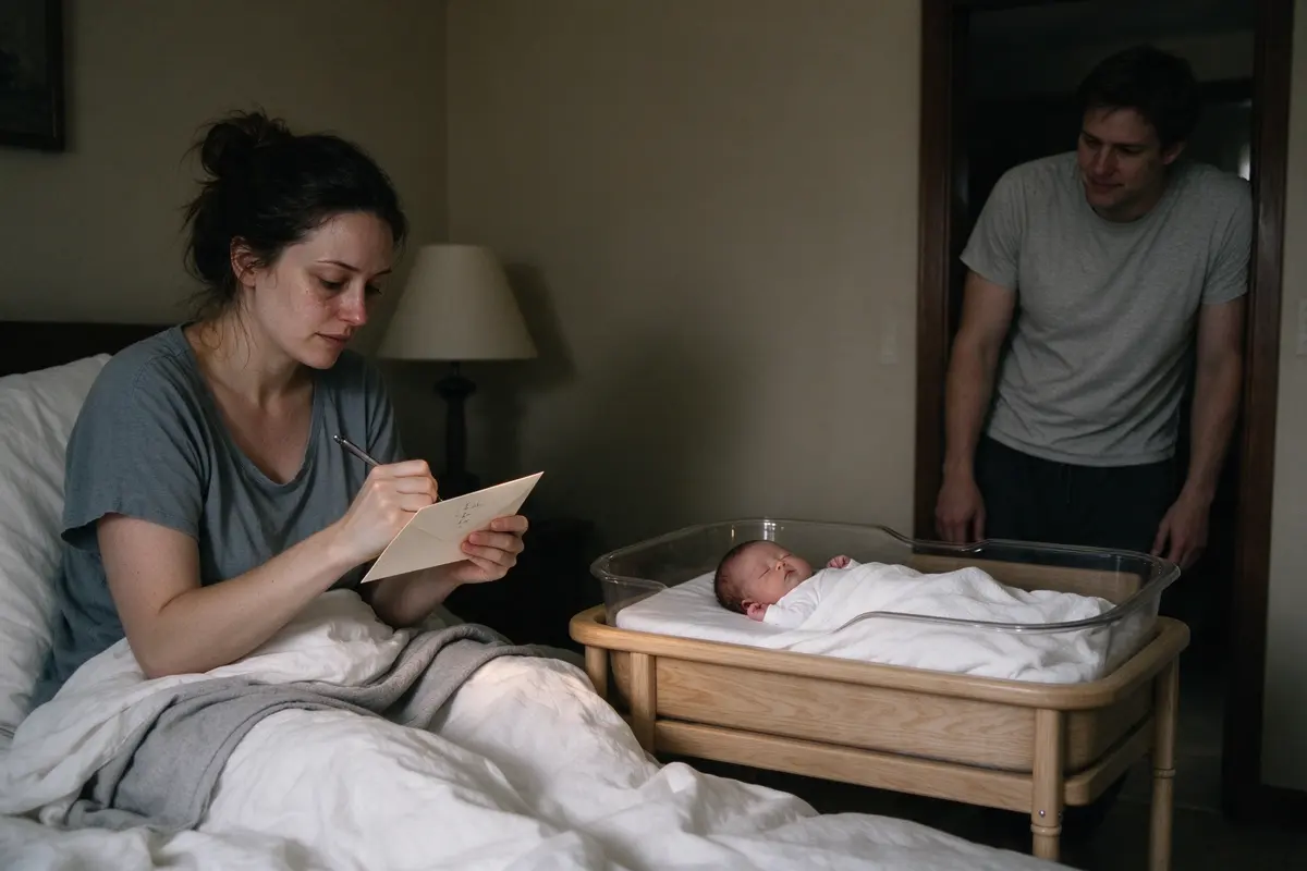 The mother sits up in bed under the bedside lamp writing a short list on the back of an envelope, the newborn asleep on their back in the bare bassinet beside her, her partner leaning in the doorway.