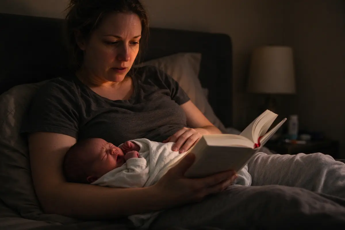 In the dim bedroom under the bedside lamp the mother, propped against the headboard, pauses her paperback mid-page as her twenty-nine-day-old fusses in the crook of her arm, a thumb marking the page.