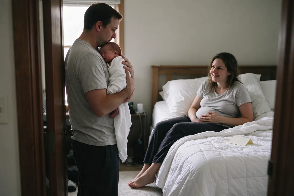 In soft window light the partner pauses in the doorway with the newborn upright on his shoulder and looks back at the mother, who sits on the bed tired and smiling, a folded card on the quilt by her.