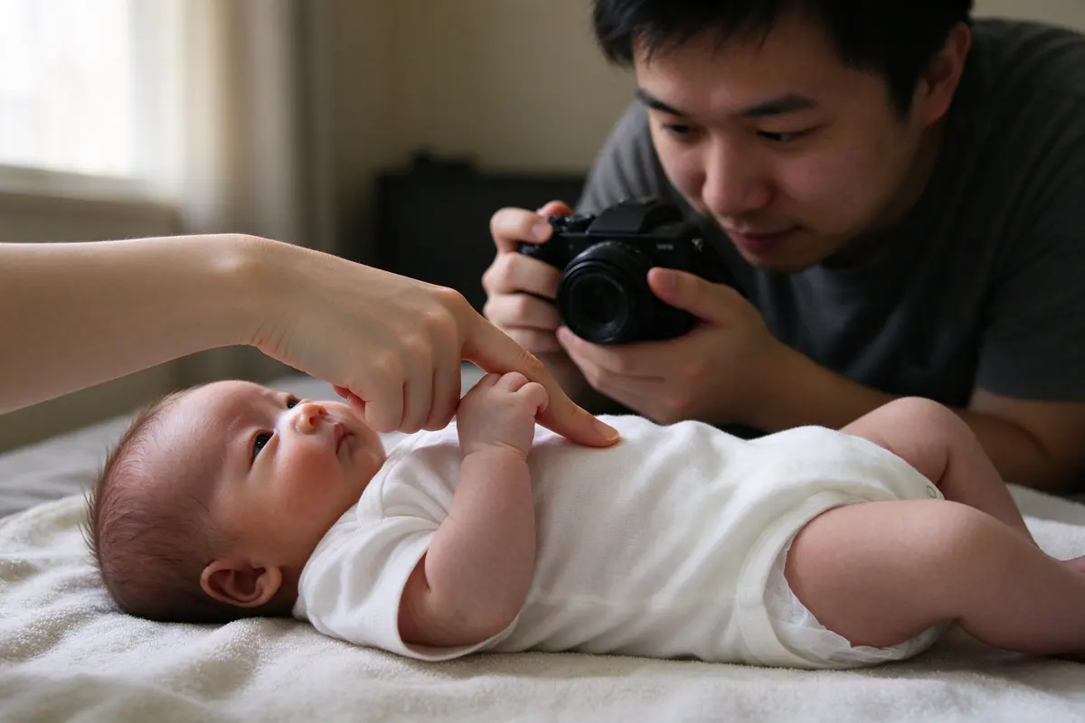 In soft window light the thirty-day-old lies on their back on a towel gripping the mother's finger while the partner crouches above them with a small camera, framing the grip and her hand.