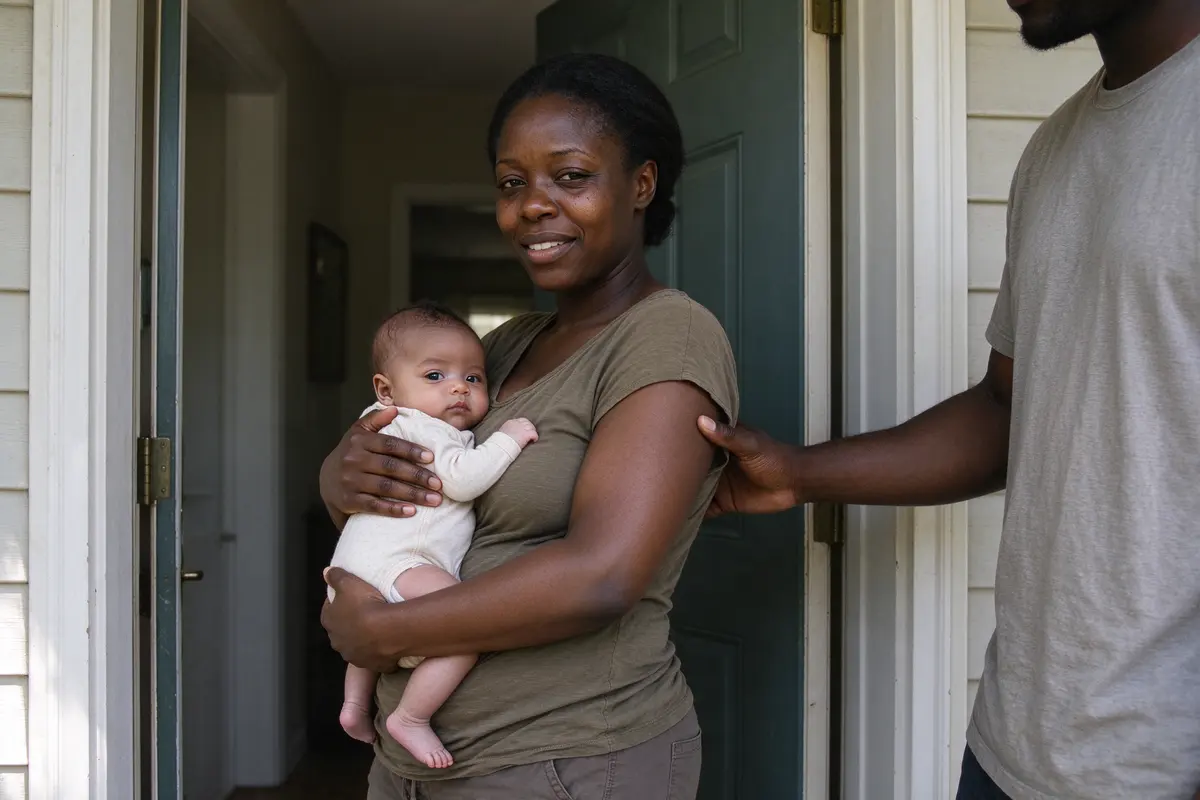 The mother standing at the front door in daylight holding the baby on her hip, looking straight at the camera with a tired, real half-smile, the father's arm reaching in to steady the frame.