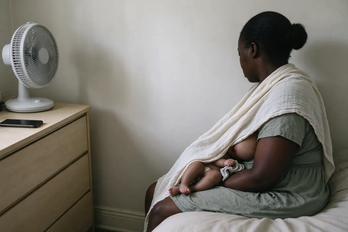 The mother in the same corner facing the bare wall, phone face-down on the dresser beside the fan, the baby feeding with eyes closed and one fist around the cloth.