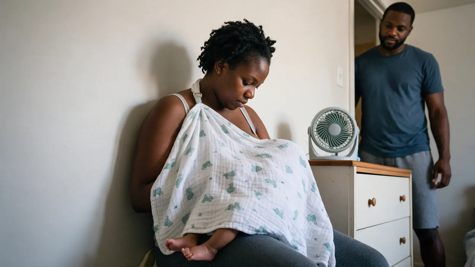 A Black mother sits in a plain-walled bedroom corner in soft daylight breastfeeding her fourteen-week-old, a small fan on the dresser, the baby's hand gripping a soft cloth, the father at the door.
