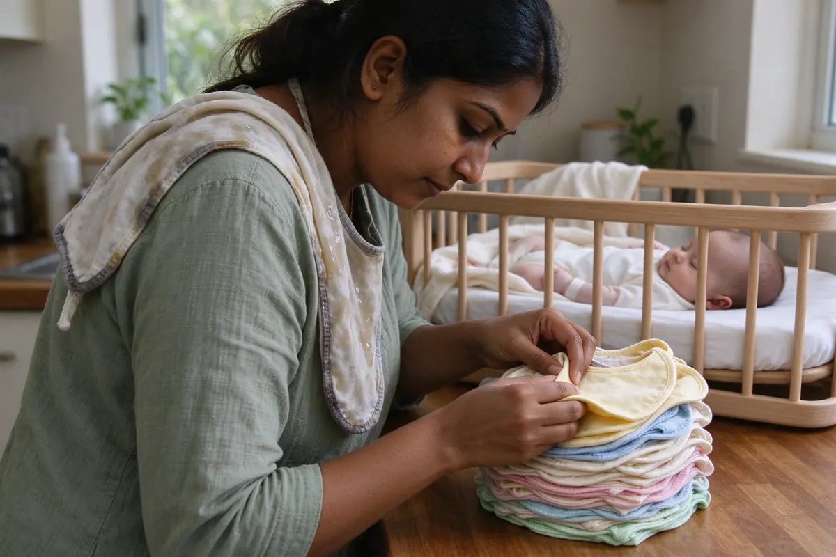 The mother at the counter folding a tall stack of small cloth bibs, one still damp over her shoulder, the baby asleep on their back in a bare bassinet behind her.