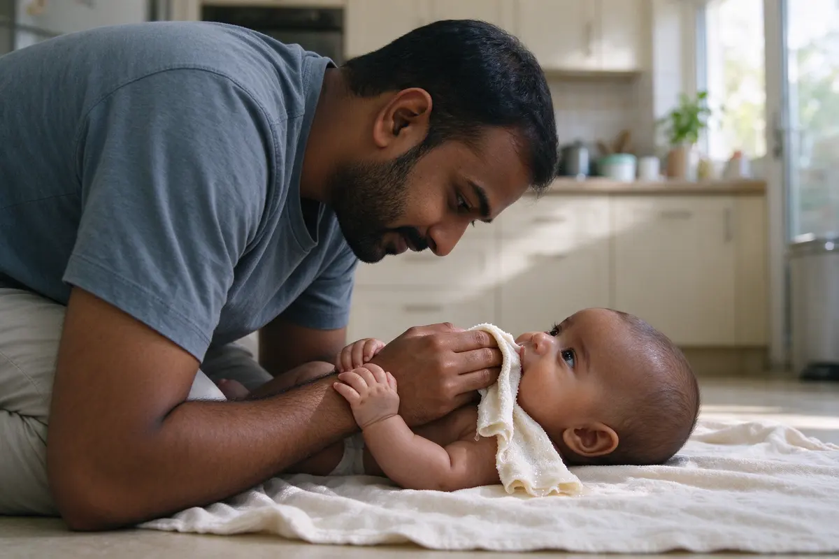 The father on the kitchen floor holding a folded wet washcloth to the baby's mouth, the baby gripping his wrist with both hands and gumming the corner, eyes on his face.