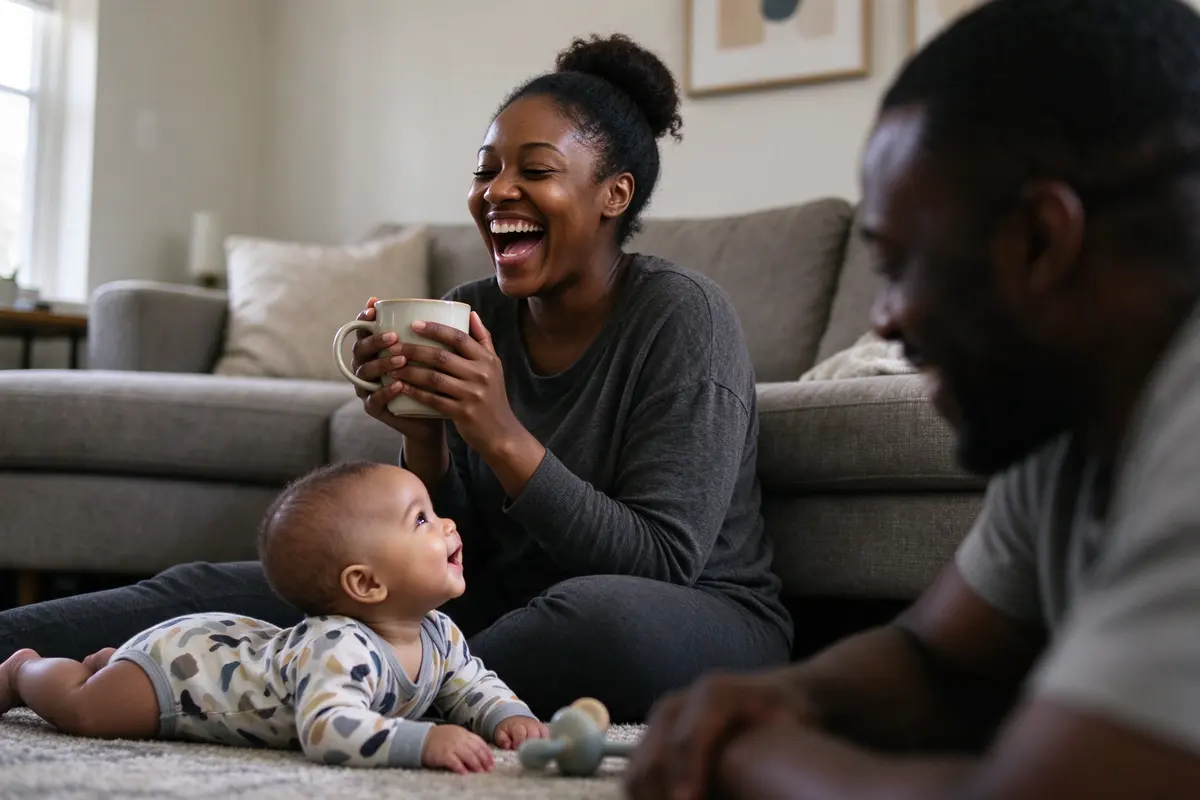 The mother on the sofa behind them, hair up, mug in both hands, laughing with her head back at something the baby just did, the father blurred in the foreground.