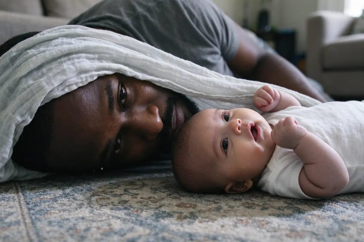 The cloth half over the father's face, one eye showing, the baby on the rug staring up with an open mouth and both fists raised, waiting.