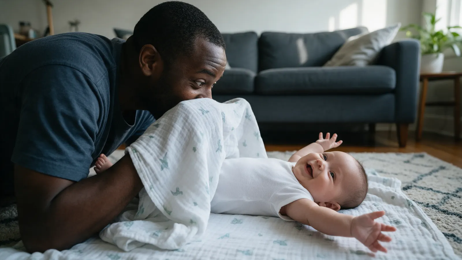 A Black father on a living-room rug in soft morning light peeks over a muslin cloth at his fourteen-week-old lying on their back, the baby's arms flung wide mid-grin.