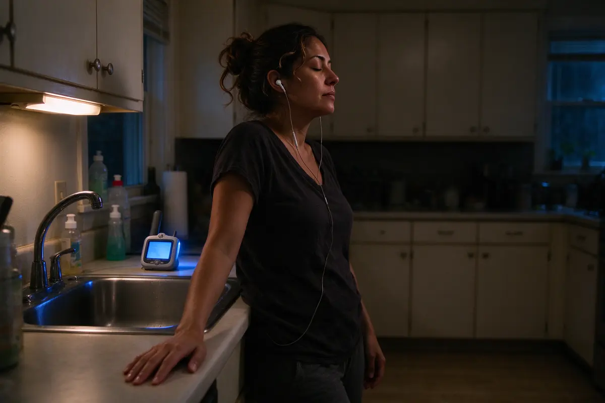 The mother alone in the kitchen at night with earbuds in, eyes closed, one hand on the counter, a baby monitor glowing beside the sink.
