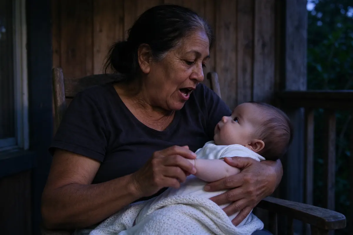 The grandmother holding the baby face to face on her lap on the porch, mouth open mid-verse, moving the baby's arms gently in time, the baby watching her lips.