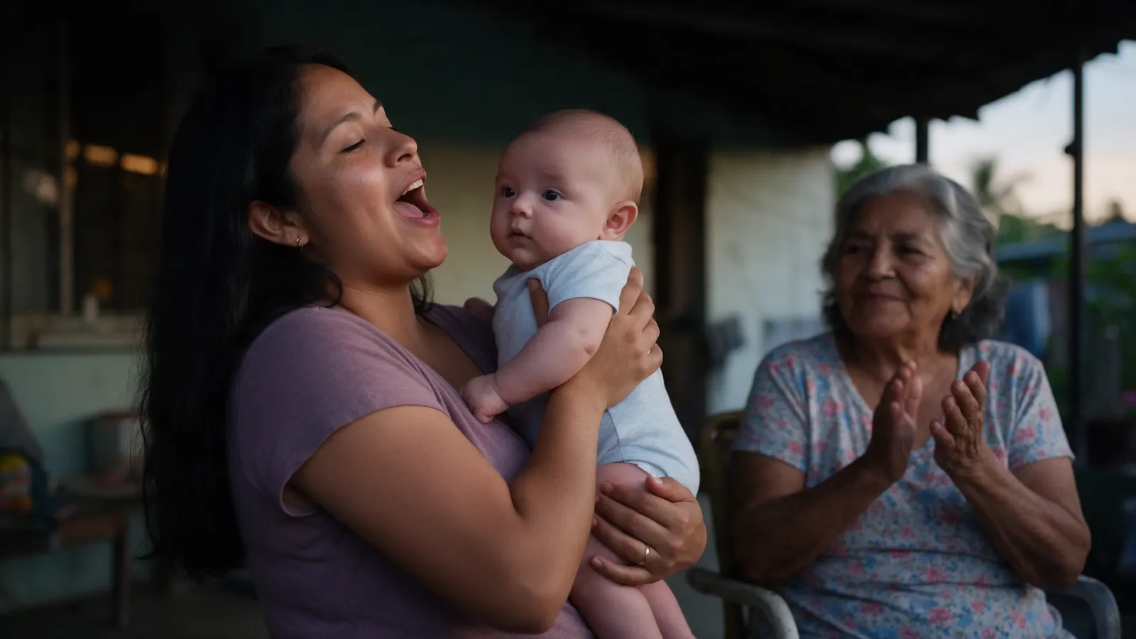 A Latina mother sways on a shaded porch at dusk with her fourteen-week-old upright against her chest, head steady, singing, while the baby's grandmother claps softly in a chair beside them.