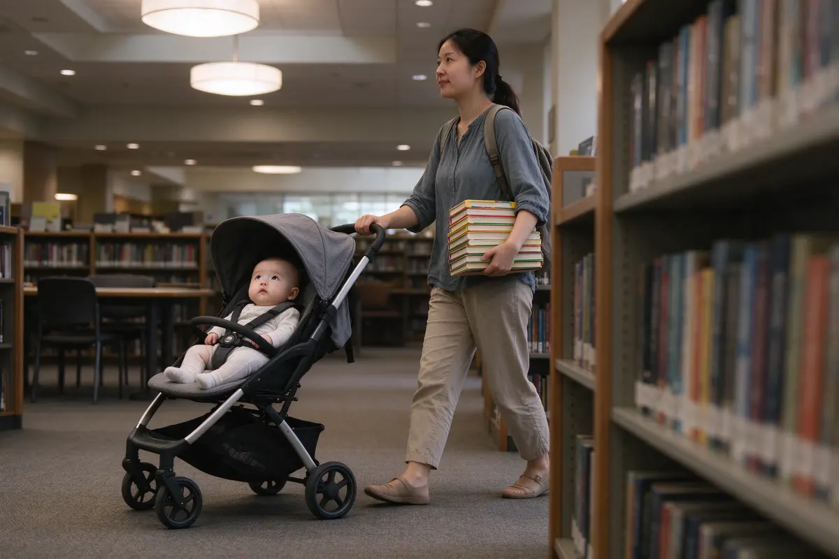 The other mother pushing a stroller past low shelves in a quiet public library, a stack of board books under one arm, the baby awake and looking up at the ceiling lights.