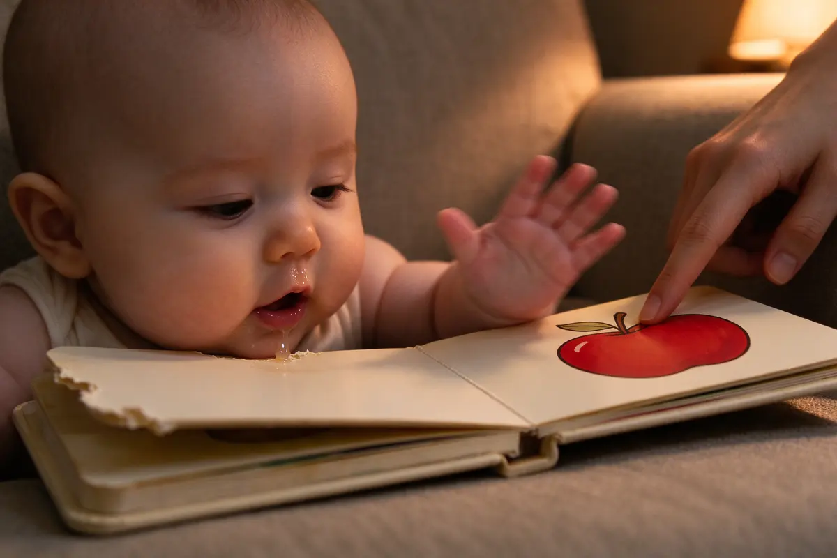 Close on the baby's lap view: one mother's finger on a picture of a red apple, the baby's open hand slapping the page, drool on the chin, the book's thick corner already chewed.