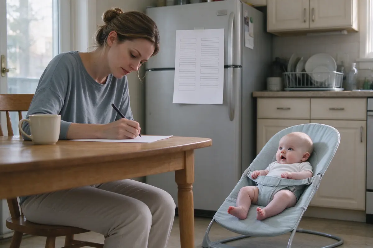 The mother at the kitchen table in the morning writing on a sheet of paper stuck to the fridge door, two columns in marker, a mug beside her and the baby in a bouncer on the floor.