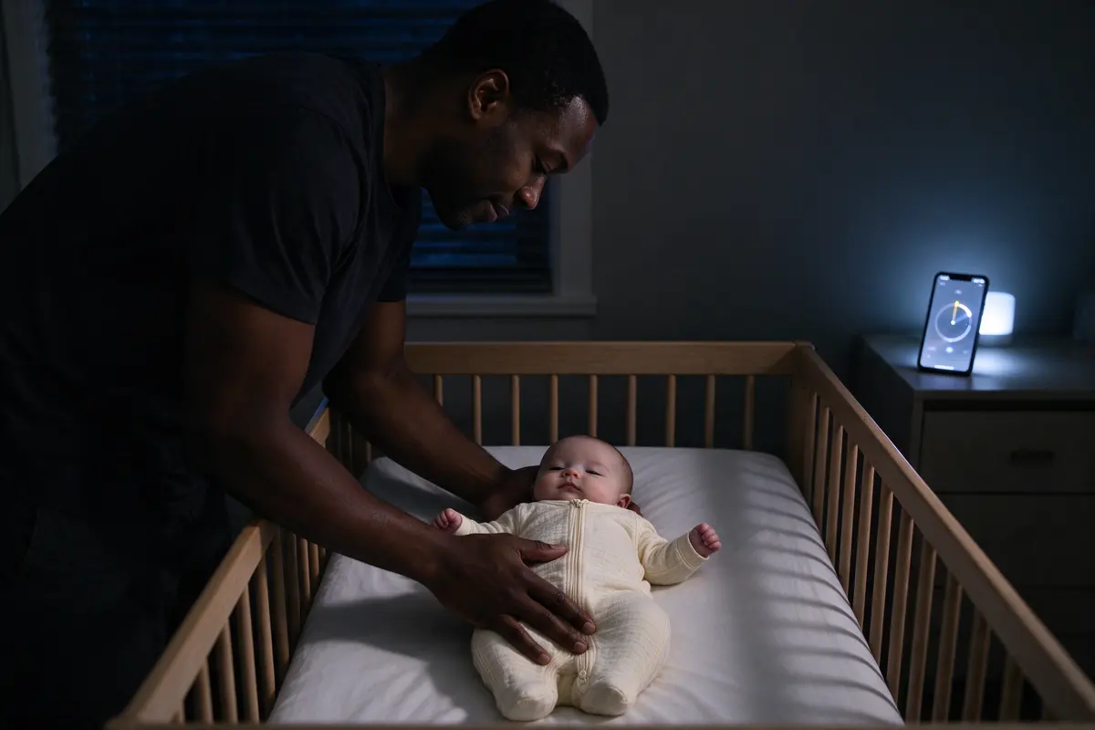 The father in the nursery at 2 a.m. lowering the baby onto their back in a bare crib, a sleep sack zipped, a phone glowing with a timer on the dresser.