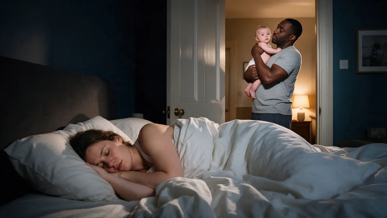 A white mother asleep under a duvet in a dark bedroom while, through the open door, a Black father in the lamplit hall carries their fifteen-week-old upright against his shoulder.