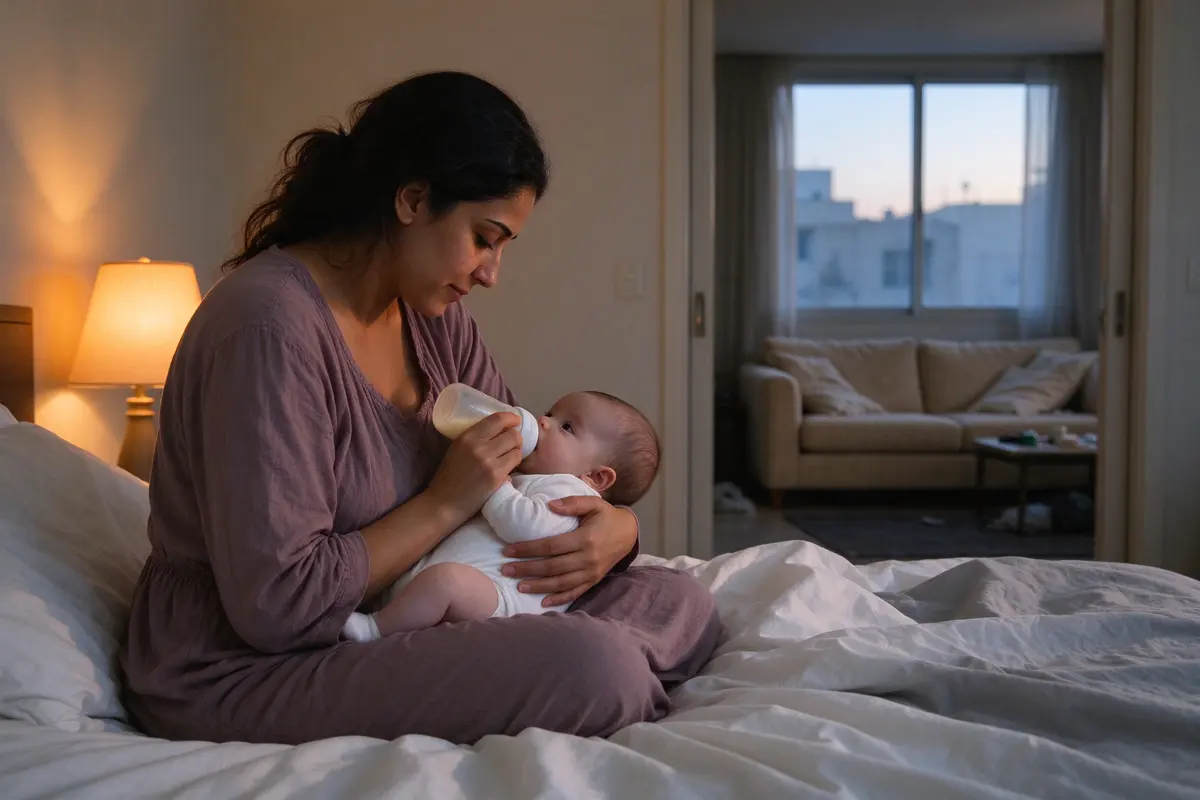 The mother sitting upright on the edge of a bed at dawn with the light on, feeding the baby in her arms, the sofa in the next room empty and the throw pillows cleared off it.