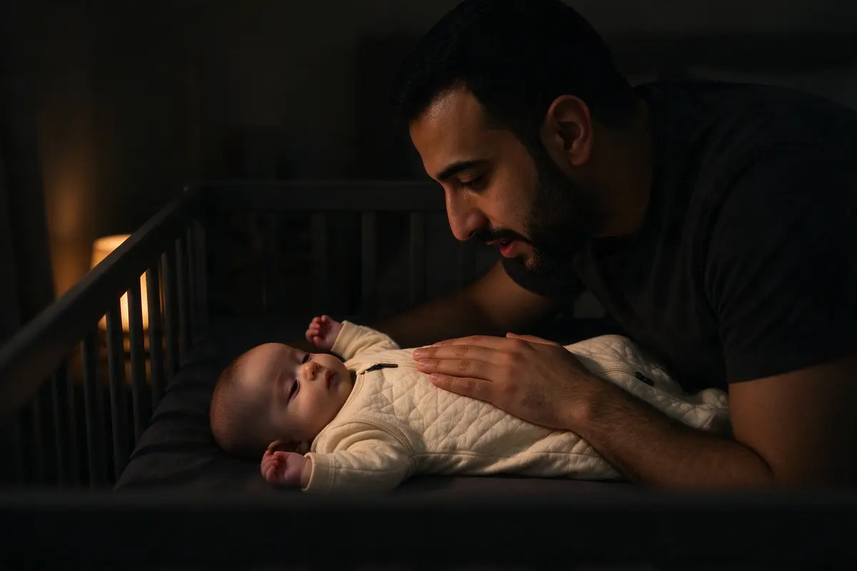 The father bent over the bare crib in near darkness, one hand resting on the baby's belly, lips barely parted in a murmur, the baby on their back in a sleep sack with eyes half open.