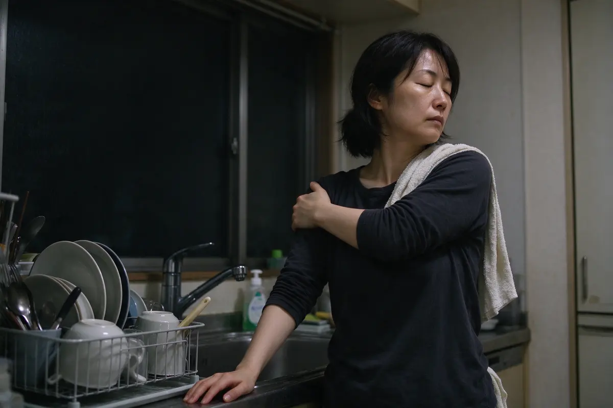 The mother standing alone at the sink stretching one arm across her chest with her eyes closed, the window dark, the dish rack full and the towel still over her shoulder.