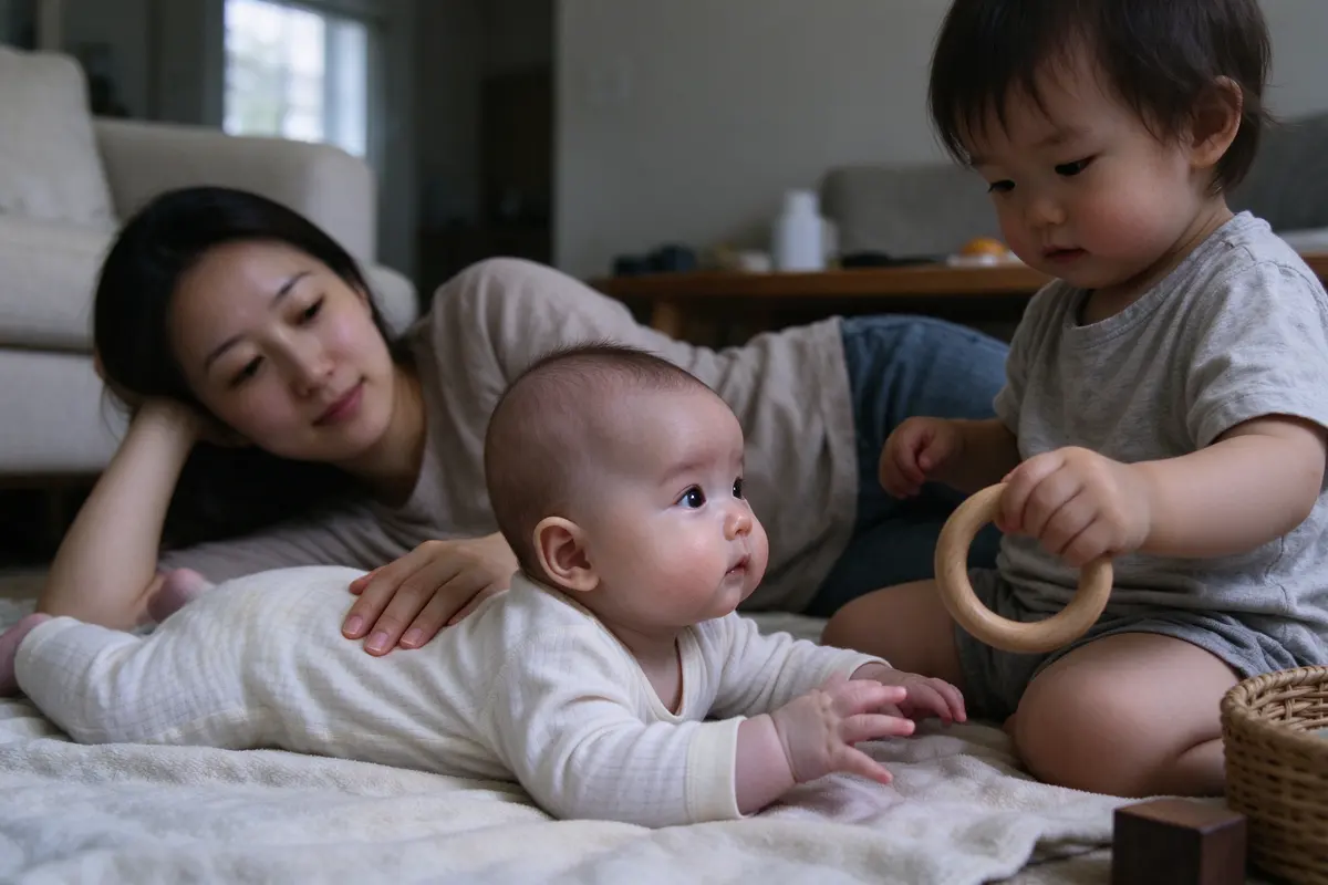 The baby on their forearms on a living-room blanket, head high, reaching for a wooden ring the toddler holds out, the mother lying on her side behind them with a hand on the baby's back.