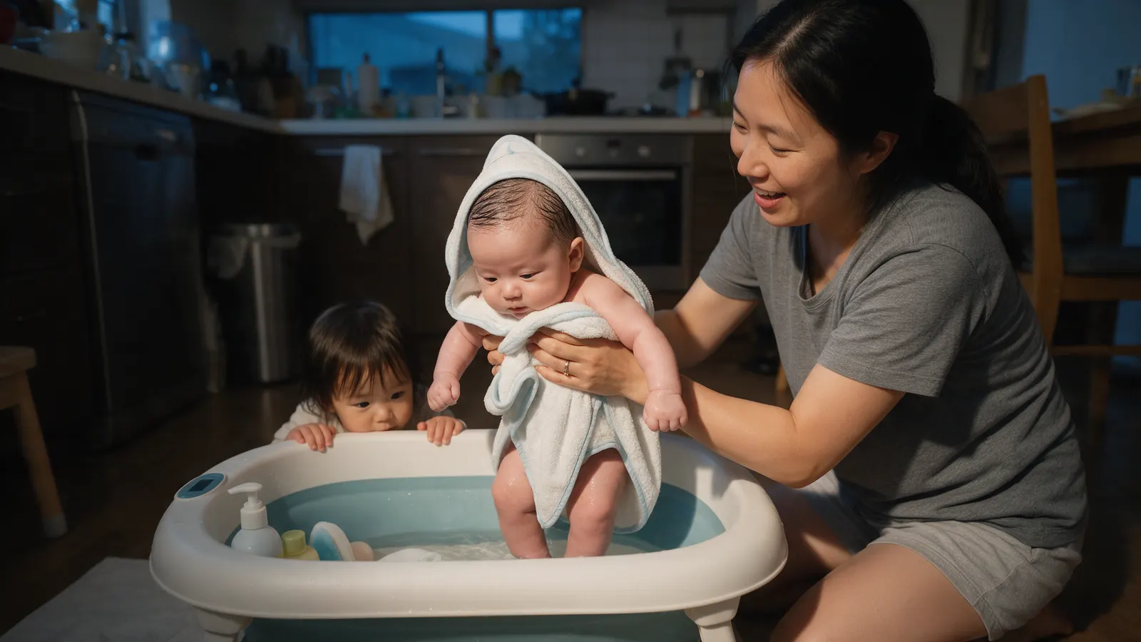 An East Asian mother kneels by a baby bath on the kitchen floor in evening light, lifting her fifteen-week-old out wrapped in a hooded towel, wet hair slicked flat, a toddler peering over the tub.