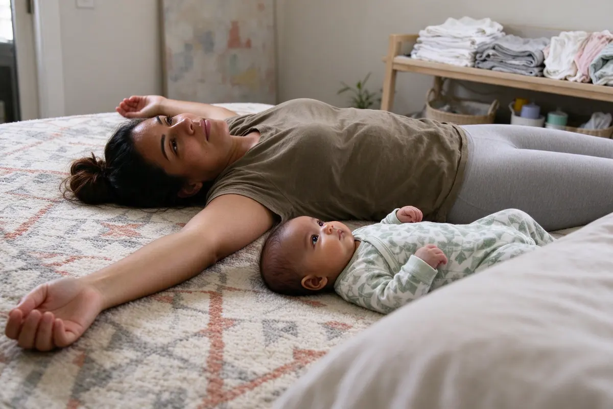 The Latina mother lying flat on her back on the same rug beside the baby, both looking up at the ceiling, her arms spread, the changing table in the corner stacked with folded laundry.