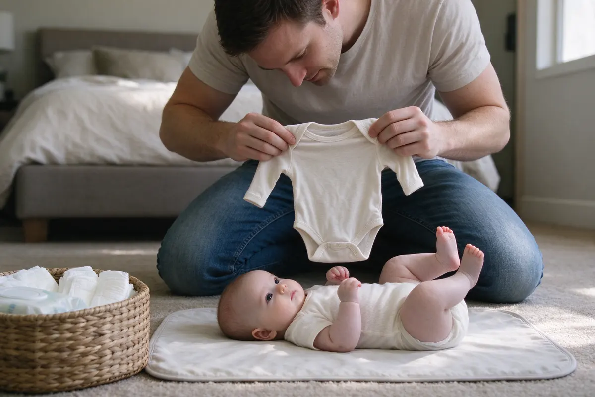 A changing mat laid on a rug beside a low basket of diapers and wipes, the baby on their back kicking, the father's knees either side of the mat and a clean onesie ready.