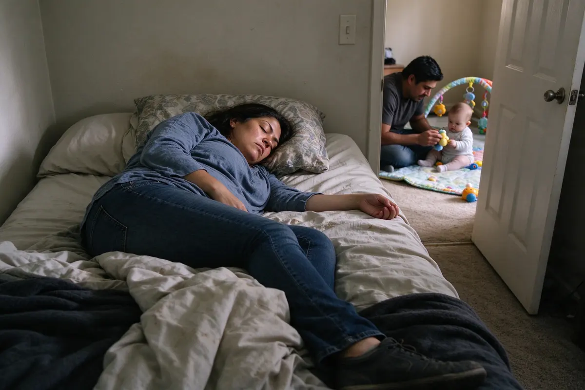 The mother asleep on top of the bed covers in daylight, fully dressed, one shoe still on, the bedroom door ajar and the baby's play area visible beyond it with the father on the floor.