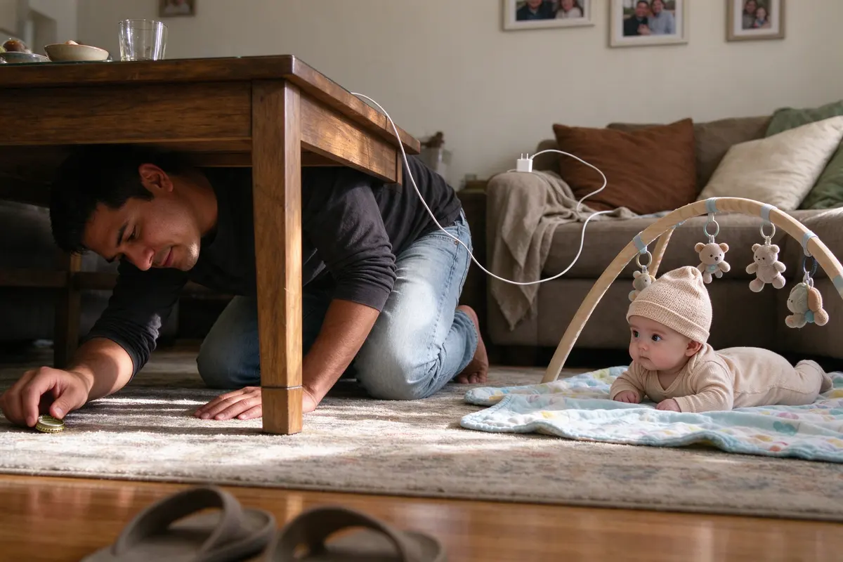 The father on hands and knees under a coffee table, reaching for a stray bottle cap, a loose phone charger cord dangling off the sofa arm above him, the baby watching from the blanket.