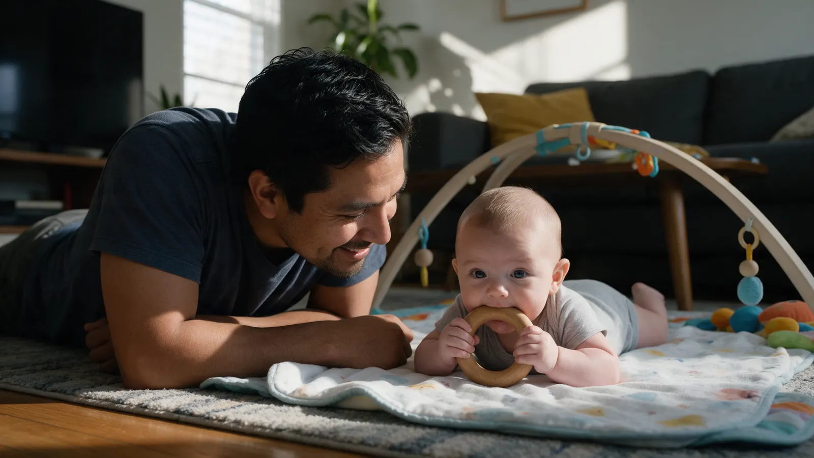 A Latino father lies on his stomach on a living-room rug in afternoon light, eye level with his fifteen-week-old on a play blanket, the baby gumming a big wooden ring with both hands.