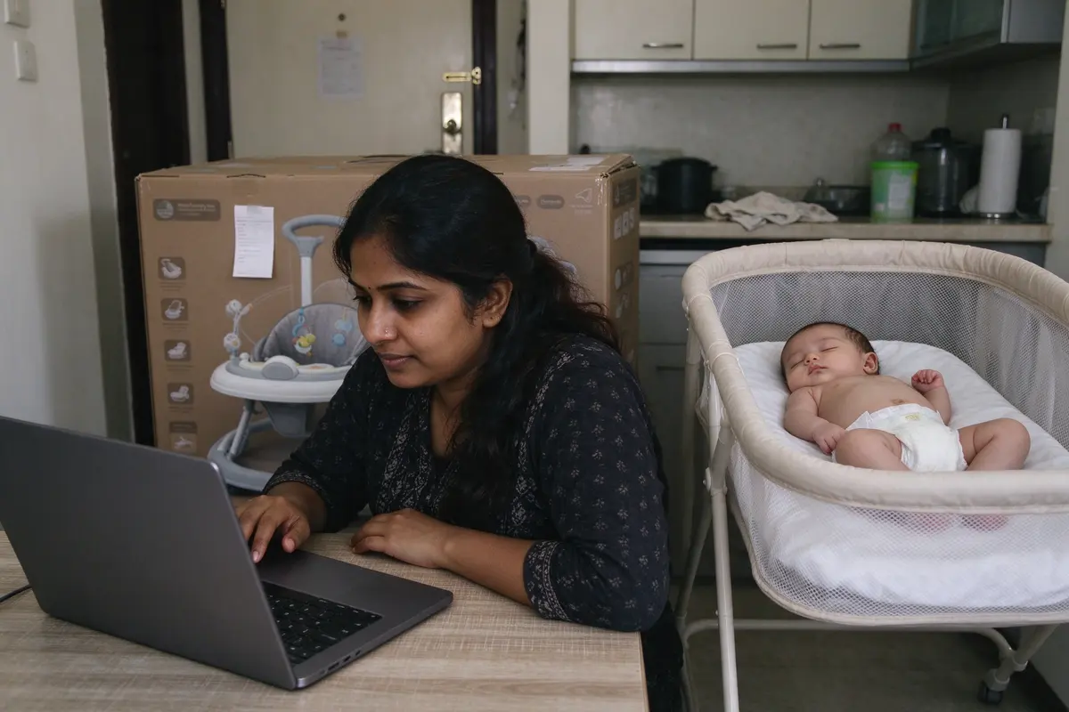 The mother at a laptop on the kitchen counter closing an online shopping tab, a boxed baby walker with the receipt taped to it by the front door behind her, the baby asleep in a bare bassinet.