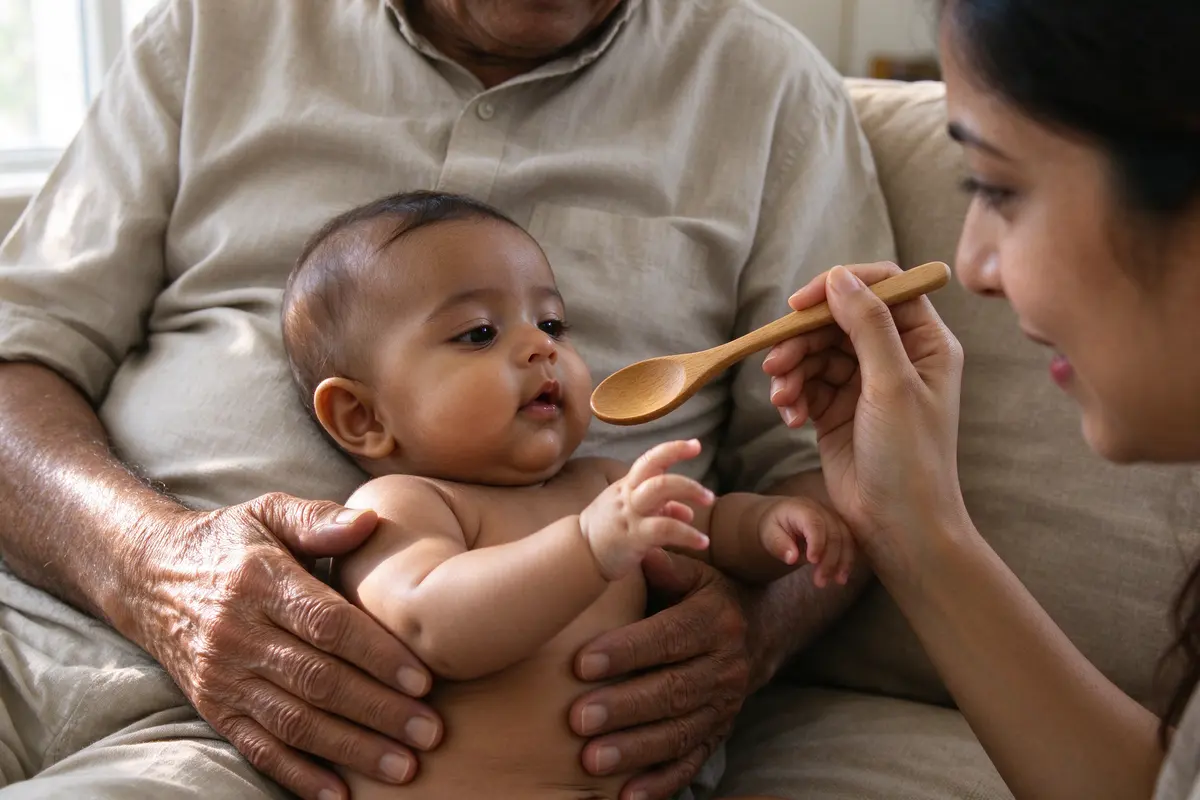 Close on the grandfather's hands around the baby's ribs under the arms, the baby's back against his belly, chin up, hands reaching toward a wooden spoon the mother holds in front.