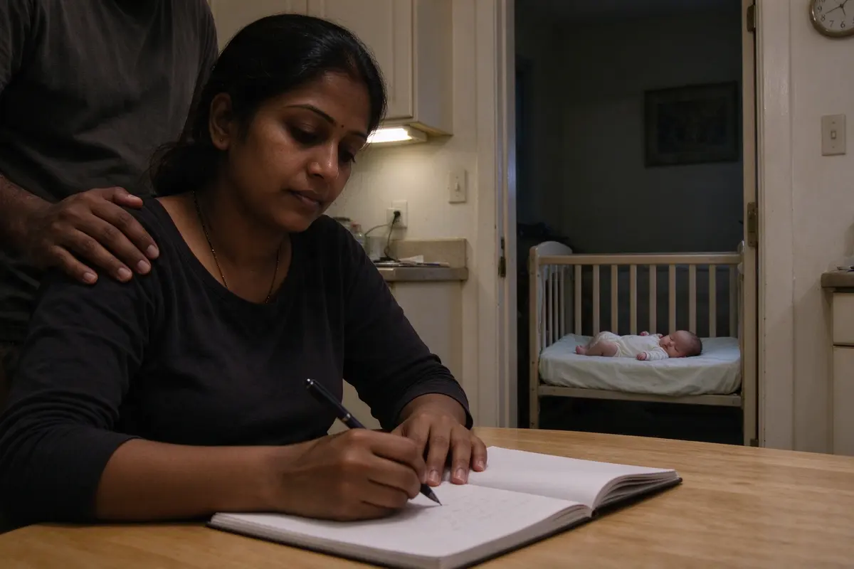 The mother at the kitchen table at night with a notebook open and a pen in hand, the father's hand on her shoulder, the baby asleep on their back in a bare crib in the next room.